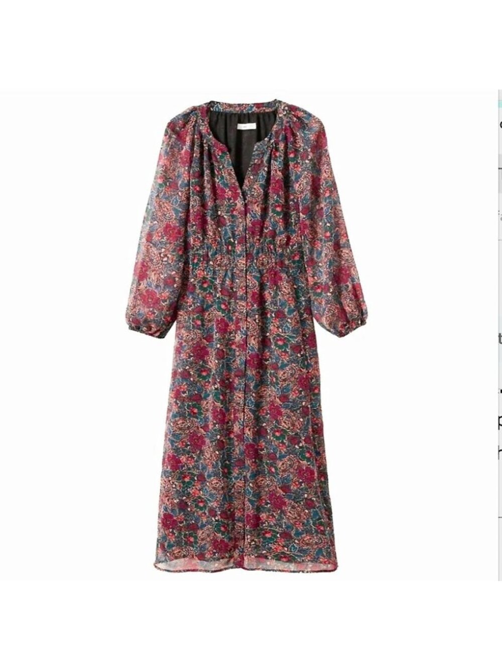 Mango boho smocked Waist Midi Dress, floral chiffon,sheer sleeves, size 4